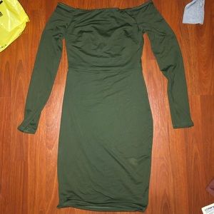 Olive off shoulder long sleeve bodycon dress slink